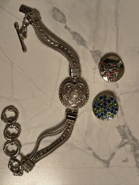 Silver-Tone Bracelet with Interchangeable Charms - Tree, Pearl, Blue + Green